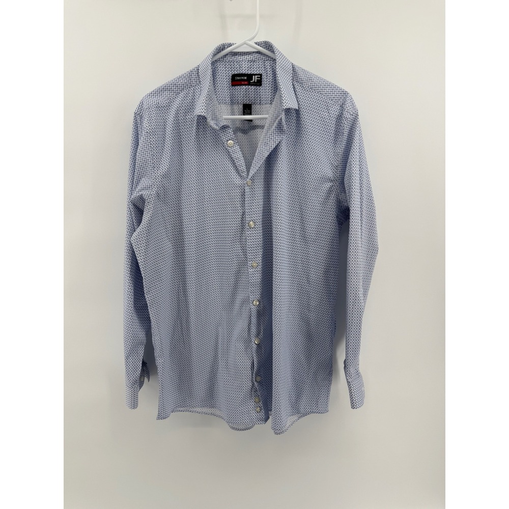J.Ferrar JF Slim Fit Stretch Shirt Mens Large 16-16.5 Blue White Geometric L/S